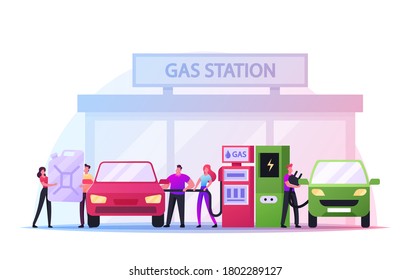 Characters Refueling Car on Fuel Station Concept. Man Pumping Petrol, Gasoline Oil and Charging Electric Auto. Vehicle Filling Service Gas or Biodiesel Into Tank. Cartoon People Vector Illustration