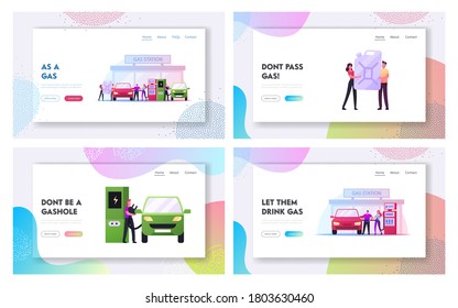 Characters Refueling Car On Fuel Station Landing Page Template Set. Man Pumping Petrol And Charging Electric Auto. Vehicle Filling Service Gas Or Biodiesel In Tank. Cartoon People Vector Illustration