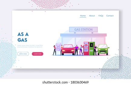 Characters Refueling Car On Fuel Station Landing Page Template. Man Pumping Petrol And Charging Electric Auto. Vehicle Filling Service Gas Or Biodiesel Into Tank. Cartoon People Vector Illustration