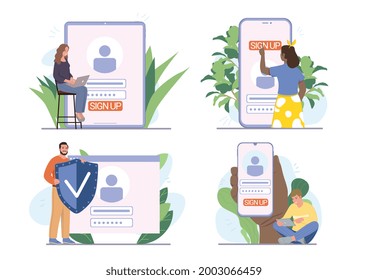 Characters register online. Diverse people using four assorted digital devices to register or sign up online with secure apps, set of colored flat cartoon vector illustrations
