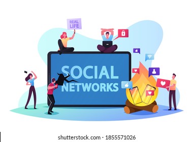 Characters Rejection of Gadgets, Devices, Internet and Social Networks. Digital Detox Concept. People Refuse from Phone and Online Addiction, Spending Free Time Offline. Cartoon Vector Illustration