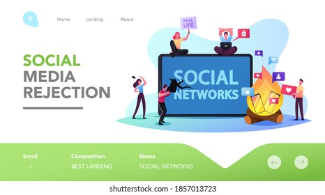 Characters Rejection of Gadgets Landing Page Template. Internet and Social Networks Digital Deto. People Refuse from Phone and Online Addiction, Spending Free Time Offline. Cartoon Vector Illustration