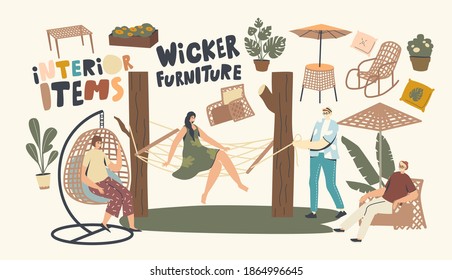 Characters Relax on Wicker Furniture Outdoors. Woman Sitting on Suspended Armchair and Hammock, Rocking Chair, Table and Umbrella for Garden and Outdoor House Decor. Linear People Vector Illustration