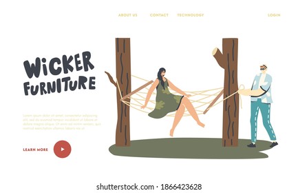 Characters Relax on Wicker Furniture Landing Page Template. Woman Sit on Suspended Hammock in Garden. Outdoor House Decor, People Spend Time at Open Air in Summer Time. Linear Vector Illustration