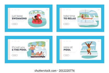 Characters Relax at Poolside Landing Page Template Set. Women Swim on Inflatable Ring, Tanning on Chaise Lounge, Reading Books, Man Jump in Water in Swimming Pool. Cartoon People Vector Illustration