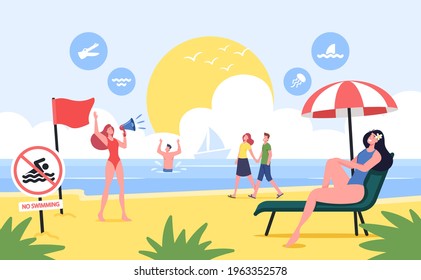 Characters Relaxing on Sea Coastline with Red Warning Flag on Beach. No Swimming Prohibition, Caution for Tourists. People on Summer Time Vacation at Ocean Seascape View. Cartoon Vector Illustration