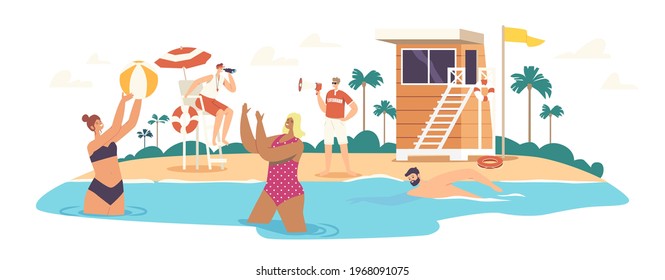 Characters Relaxing on Sea Coastline with Beach Lifeguard Tower. No Swimming Prohibition, Caution for Tourists. People on Summer Time Vacation at Ocean Seascape View. Cartoon Vector Illustration
