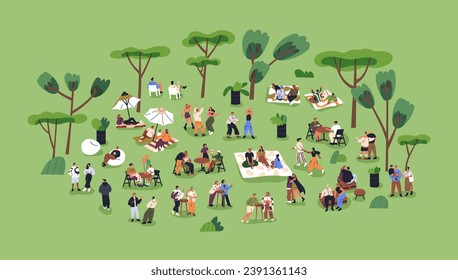 Characters relaxing in park on summer holiday. Tiny people resting at open-air festival in nature, meeting, gathering outside. Outdoor relaxation, picnic, weekend leisure. Flat vector illustration