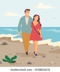 Characters are resting near ocean bank. People on date spending time together on beach. Young couple in relationship hug and stare at sea. Guy and girl communicate and relax on coastline in summer