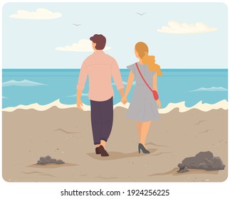 Characters are resting near ocean bank. People on date spending time together on beach. Young couple in relationship hug and stare at sea. Guy and girl communicate and relax on coastline in summer