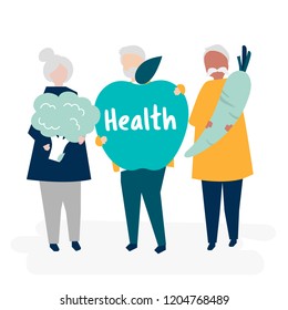 Characters of retired seniors and health concept illustration