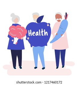 Characters of retired seniors and health concept illustration