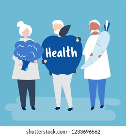 Characters of retired seniors and health concept illustration