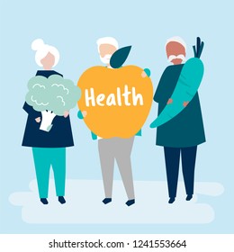 Characters of retired seniors and health concept illustration