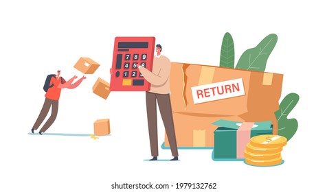 Characters Return and Exchange Damaged Goods to Shop. Clumsy Courier Drop Parcel on Ground, Tiny Customer Holding Huge Calculator near Broken Box and Money Pile. Cartoon People Vector Illustration