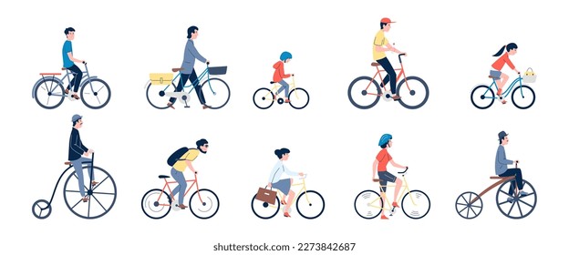 Characters ride bikes, different bicycles on road. Children and adult on modern city eco transport. Cycling sport hobby, flat characters riding recent vector set