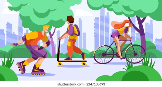 The characters ride roller skates, bicycles and scooters in the park against the backdrop of a modern city. Horizontal banner in a flat style on the theme of spring sports.