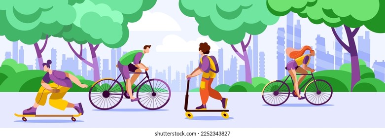 Los personajes recorren un patineta, bicicletas y motos en un parque con el telón de fondo de una ciudad moderna. Banner horizontal de estilo plano sobre el tema de los deportes de primavera.