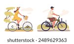 Characters Riding Bicycles In An Outdoor Setting. Vector Scene Captures A Carefree, Leisurely Atmosphere