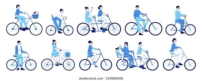 Characters riding bicycles, outline people on bikes. Flat cyclists ride bicycle, eco friendly transportation riders vector illustration collection. Active bike riding lifestyle