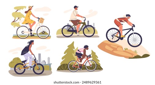 Characters Riding Bicycles In Various Outdoor Settings. Includes Scenes Of Leisure Biking In Parks And Urban Environment