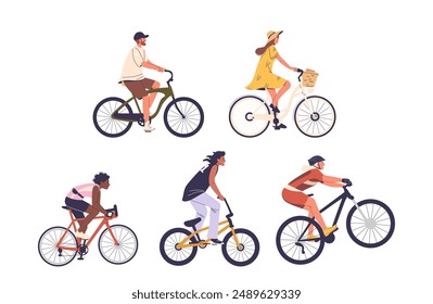 Characters Riding Different Types Of Bicycles. Vector Illustration Depicts Diversity, Lifestyle, And Outdoor Activities