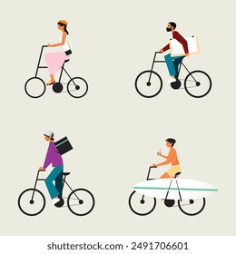 Characters Riding Different Types Of Bicycles. Vector Illustration Depicts Diversity, Lifestyle, And Outdoor Activities.