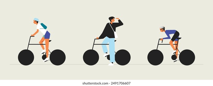 Characters Riding Different Types Of Bicycles. Vector Illustration Depicts Diversity, Lifestyle, And Outdoor Activities.