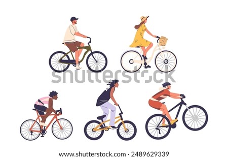 Characters Riding Different Types Of Bicycles. Vector Illustration Depicts Diversity, Lifestyle, And Outdoor Activities