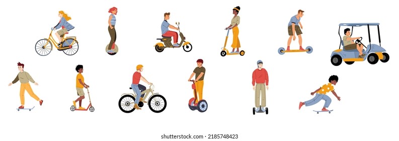Characters riding electric transport, save ecology concept. People use scooter, hoverboard, monowheel, skateboard, golf cart eco friendly transportation for city dwellers. Line art flat set vector