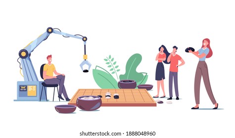 Characters and Robot Playing Gobang or Go Game Board with Typical Course and Two Wooden Bowls Filled with Black and White Stones. Traditional Chinese Strategy Game. Cartoon People Vector Illustration
