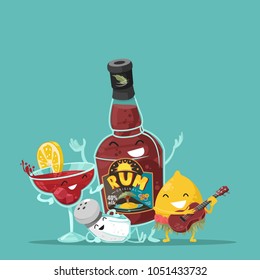 Characters. Rom, cocktail, lemon and salt shaker. Vector illustration.