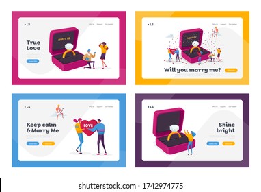 Characters Romantic Proposal Landing Page Template Set. Men Ask Women to Marry Standing on Knee at Huge Engagement Ring. Love Relationship Marriage, Valentines Day. Cartoon People Vector Illustration