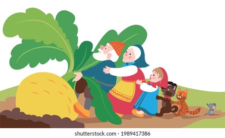 Characters of russian fairy tale Repka. Drawn turnip, grandfather, grandmather, granddaughter, dog, cat, mouse. Colorful picture for children. Vector illustration  isolated on white background.