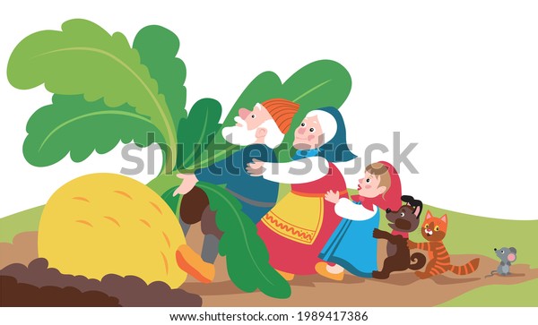Characters of russian fairy tale Repka. Drawn\
turnip, grandfather, grandmather, granddaughter, dog, cat, mouse.\
Colorful picture for children. Vector illustration  isolated on\
white background.