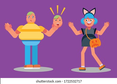 Characters of a sad boy and a cheerful girl. Halloween theme. Simple character vector illustration, this illustration can use as a sticker also.