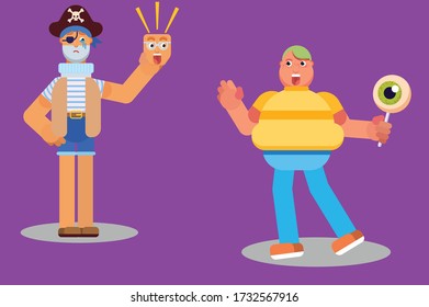 Characters of a sad pirate and a happy fat boy. Halloween theme. Simple character vector illustration, this illustration can use as a sticker also.