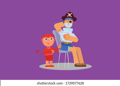 Characters of a sad pirate and a little boy. Halloween theme. Simple character vector illustration, this illustration can use as a sticker also.