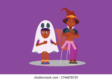 Characters of a sad witch helped soothed by her friend. Halloween theme. Simple character vector illustration.