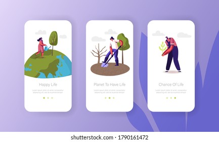 Characters Save Earth Planet Mobile App Page Onboard Screen Template. Woman Watering Tree, People Care of Plants to Reduce Air Pollution and Co2 Gas Emission Concept. Cartoon Vector Illustration