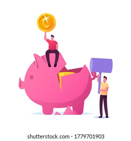 Charaktere sparen Geld, Finanzprobleme Konzept. Geschäftsmann Hitting Piggy Bank mit Hammer zu nehmen Münzen aus Moneybox. Finanzielle Ersparnisse, Investitionseinlagen. Vektorgrafik von Cartoon People