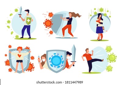 Characters saving world from bacteria, viruses and diseases. Heroic personages with swords and shield fighting against dangerous microbes attack. Germs and pathogens attack, vector in flat style
