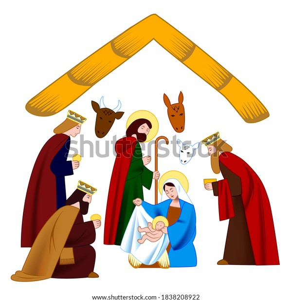 Characters Scene Nativity Christ Adoration Magi Stock Vector (Royalty ...