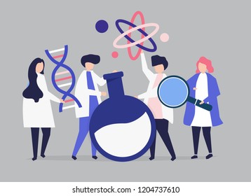 Characters of scientists holding chemistry icons illustration