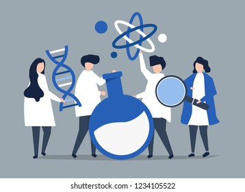 Characters of scientists holding chemistry icons illustration