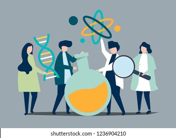 Characters of scientists holding chemistry icons illustration