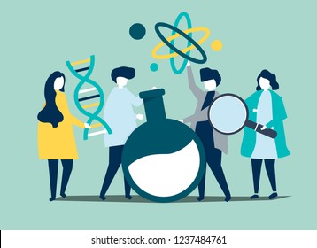 Characters of scientists holding chemistry icons illustration