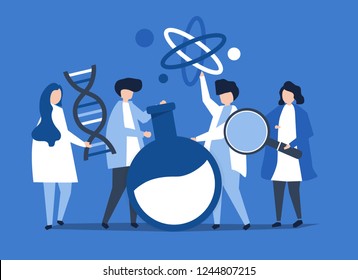 Characters of scientists holding chemistry icons illustration