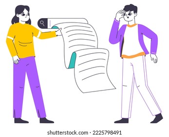 Characters search information online. People use searching bars, man and woman do web searching and answer finding isolated flat vector illustration on white background