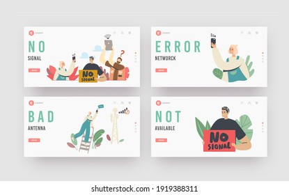 Characters Search Signal of Wifi Router Landing Page Template Set. Network Error, Lost Internet Wireless Connection. Modern Technology, Free Wi-fi Hotspot Service. Cartoon People Vector Illustration